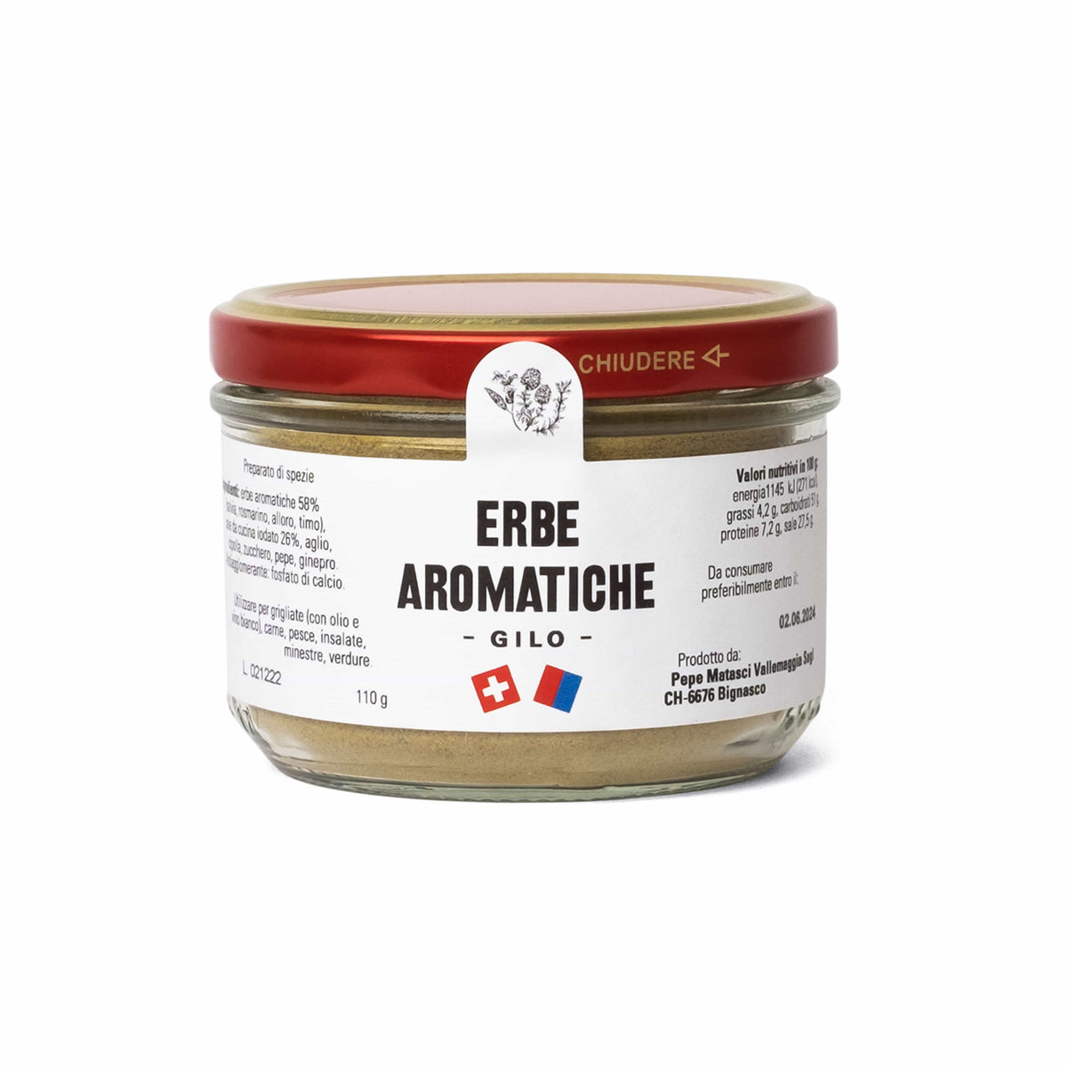 Frontanasicht der Erbe Aromatiche Tessiner Gewürzmischung in einer Glasdose