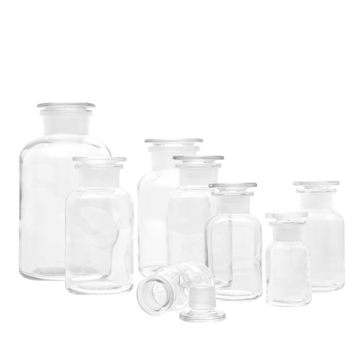 Gruppenbild der Apothekerflaschen mit Glasstopfen von Trendglas Jena 